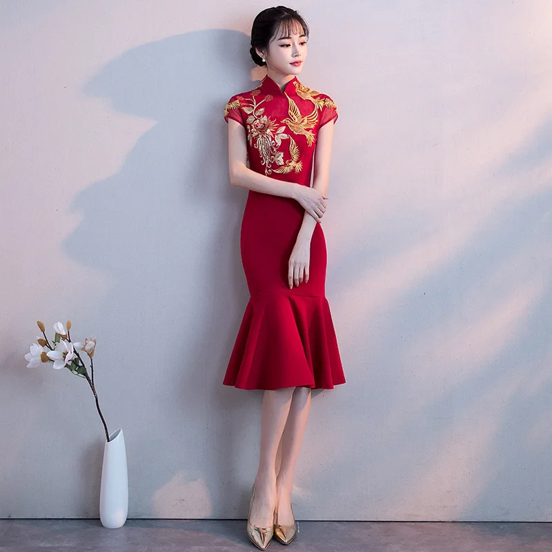 Вышивка Cheongsam длинное традиционное китайское винтажное платье красное свадебное платье Русалка сексуальное платье Ципао с разрезом Современные платья - Цвет: red wine