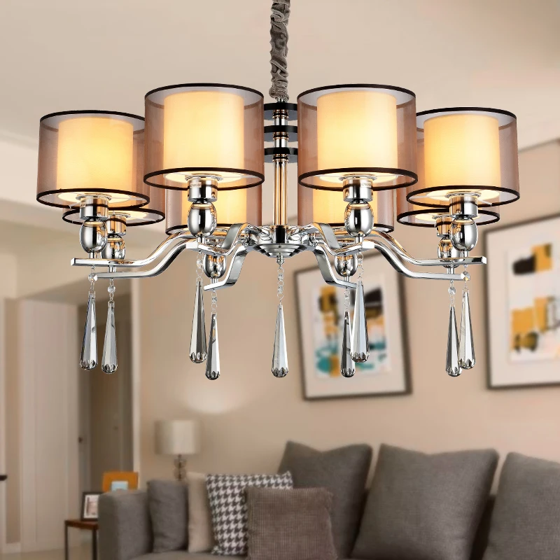 Modern Led Crystal Chandeliers Fabric Shade E27 3 Arms Dining Room Chandelier Lighting Pendientes Lampadario Plafon De Cristal | Освещение