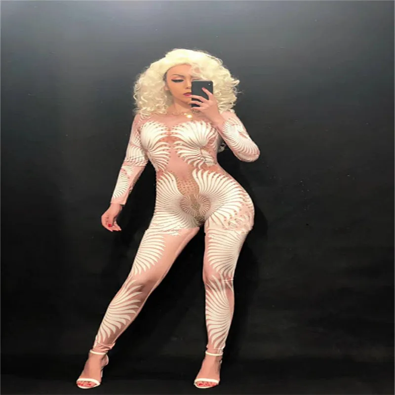 

F12 Ballroom dance cosrumes white print jumpsuit dj female bodysuit pole dancer singer outfit bar catwalk performance wears