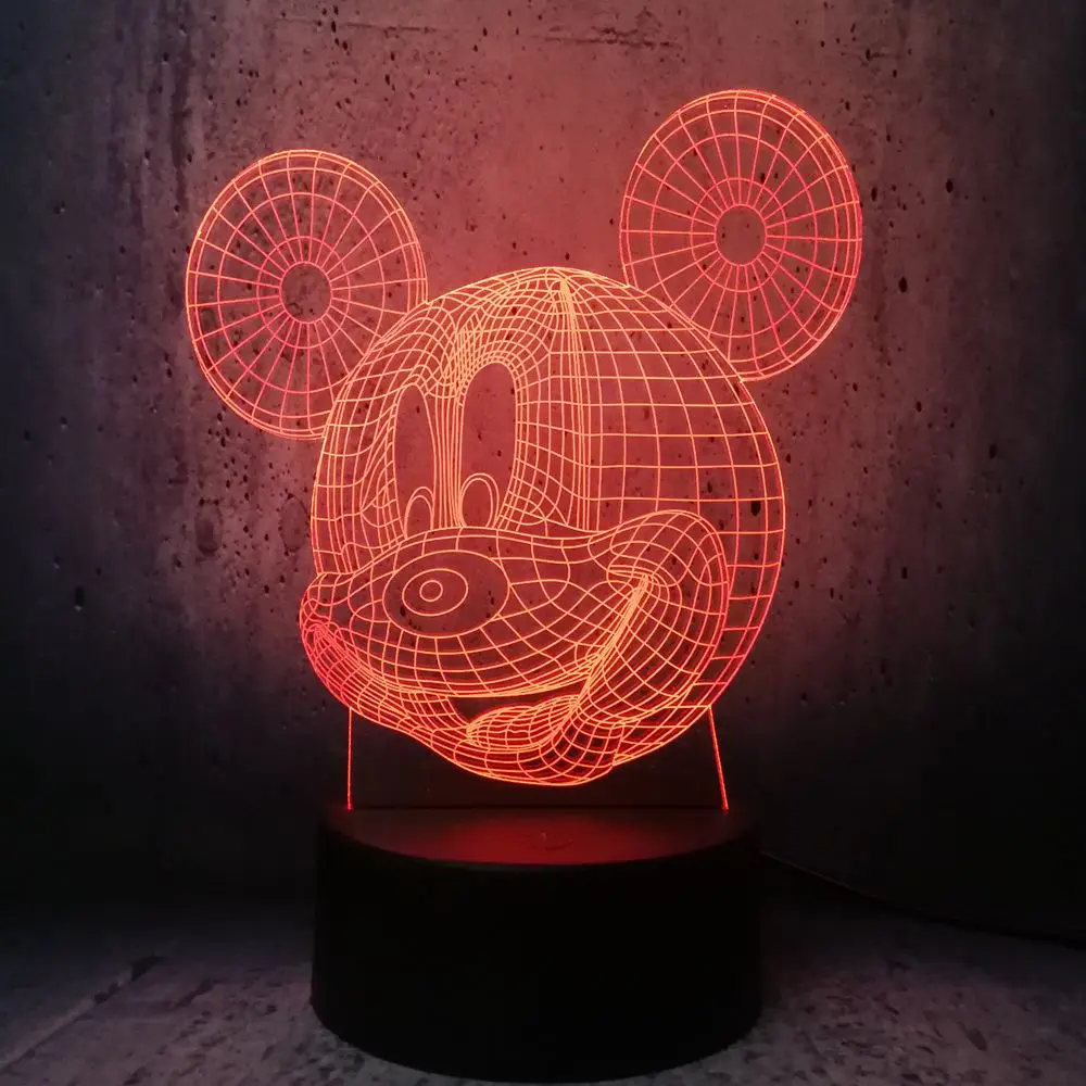 Кавайная голова Микки Мауса 3D Светодиодная лампа для дома ночник многоцветный RGB