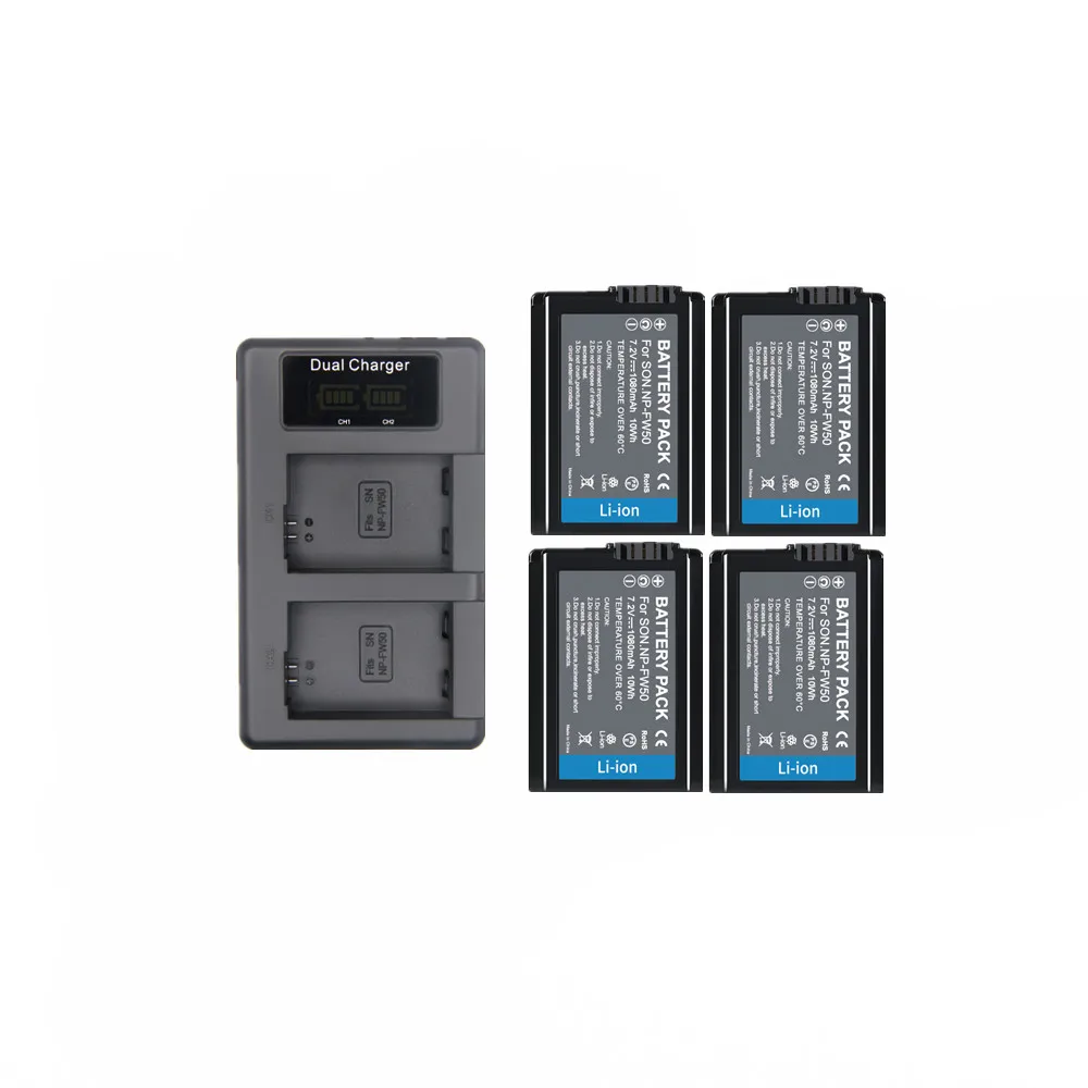 4battery1charger 4 шт. 1080 мА/ч, NP-FW50 NP FW50 NPFW50 Батарея Akku емкостью+ LCD Dual charger для sony Alpha a6500 a6300 a7 7R a7R a7R II a7II NEX-3 550D - Цвет: 4battery1charger