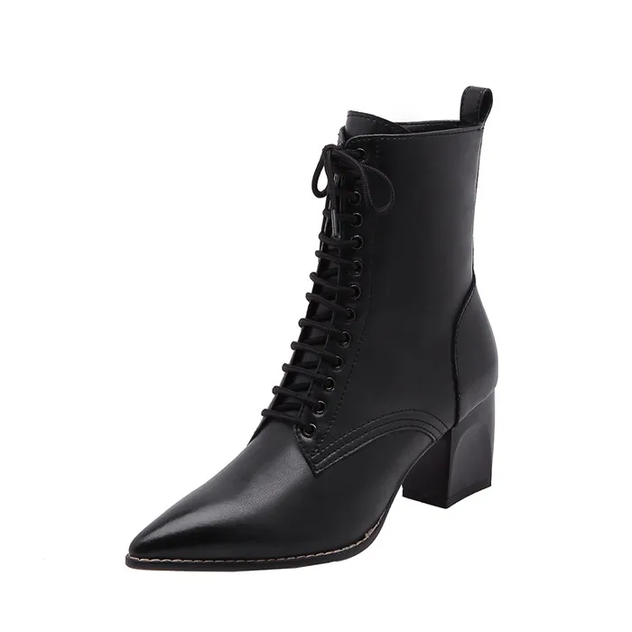 Black Synthetic Lini Meotina/женские ботинки из натуральной кожи; зимние ботинки с острым носком на высоком каблуке; модные мотоботы на молнии со шнуровкой; цвет коричневый; размеры 34-39 - Цвет: Black Synthetic Lini