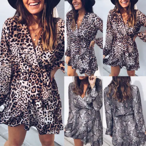 Fashion Women Leopard Snakeskin Dress Evening Party Beach Club Wear Lady Mini Printed Loose Clothing | Женская одежда