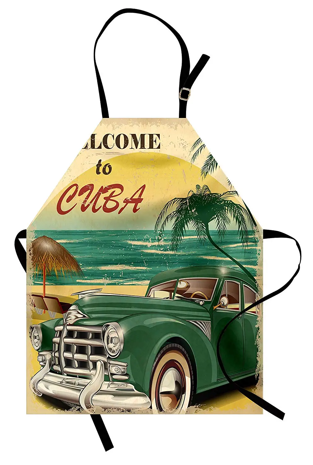 Фартук с машинками винтажный автомобиль припаркованный на экзотическом пляже