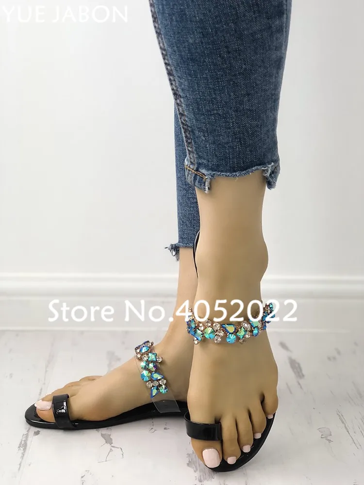 YUE JABON с бусами из кристаллов зажим в форме шарика носок женские тапочки на плоской подошве со стразами в римском стиле; Вьетнамки; женская летняя обувь; пляжные шлепанцы; шлепанцы без задника с открытыми пальцами; европейский размер 43