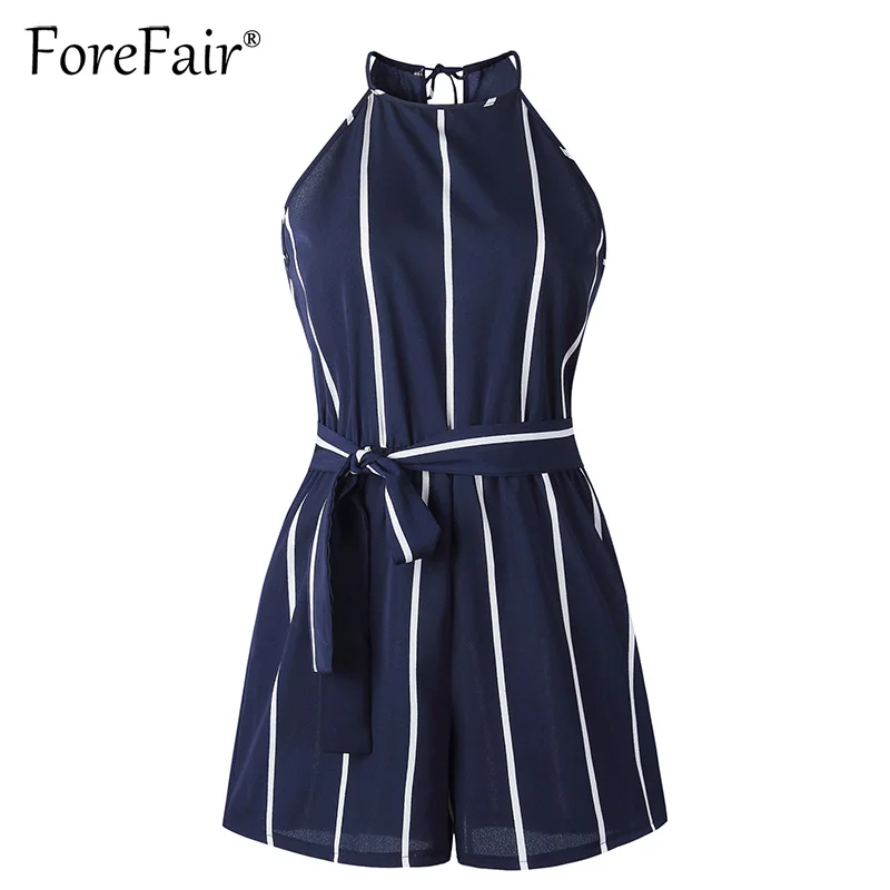Женский комбинезон с поясом Forefair темно синий в Вертикальную Полоску без рукавов