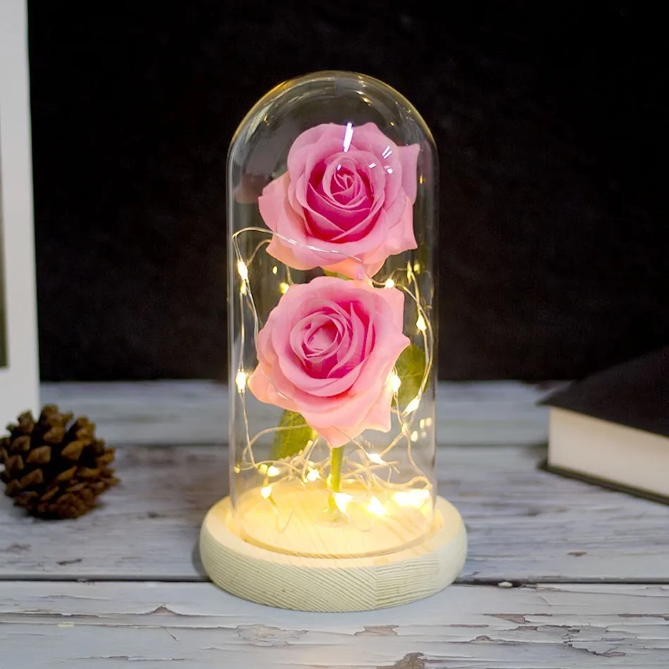 Two pink wood Красная в бутылке красоты и позолоченная красная роза со светодиодной подсветкой на стеклянном куполе для свадебной вечеринки для подарка подруги матери - Цвет: Two pink wood