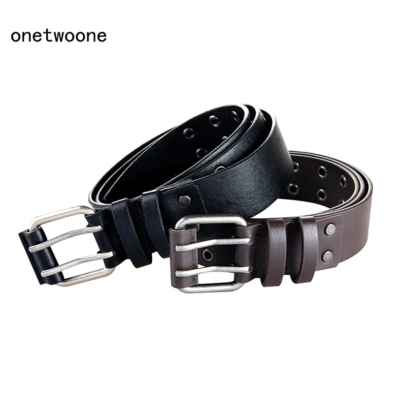 

High Quality PU Belts For Men Women Unisex Wide Waist Belts Double Pin Buckle Belt 120 140 cm size adjusted Black Brown pu belts