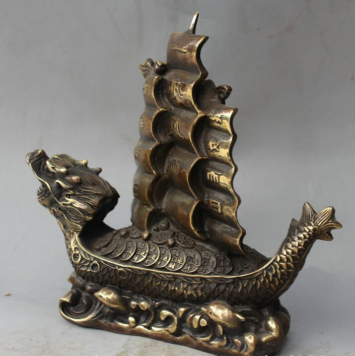 USPS to USA S2070 8&quot Chinese Copper Feng Shui Wealth Money Dragon boat ship plain sailing Statue | Дом и сад