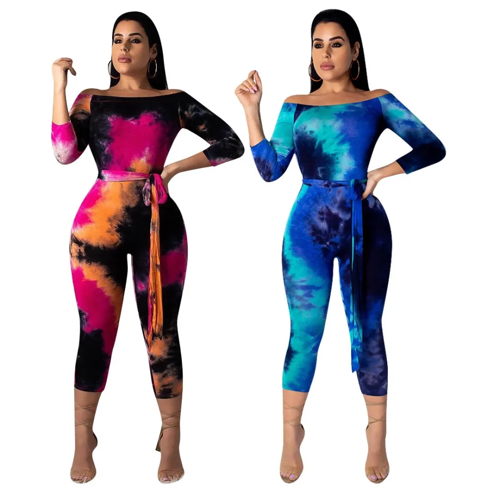 Комбинезон с длинным рукавом с принтом Tie Dye, с открытыми плечами, с вырезом-лодочкой, Облегающий комбинезон, обтягивающий комбинезон с поясом, сексуальный клубный наряд