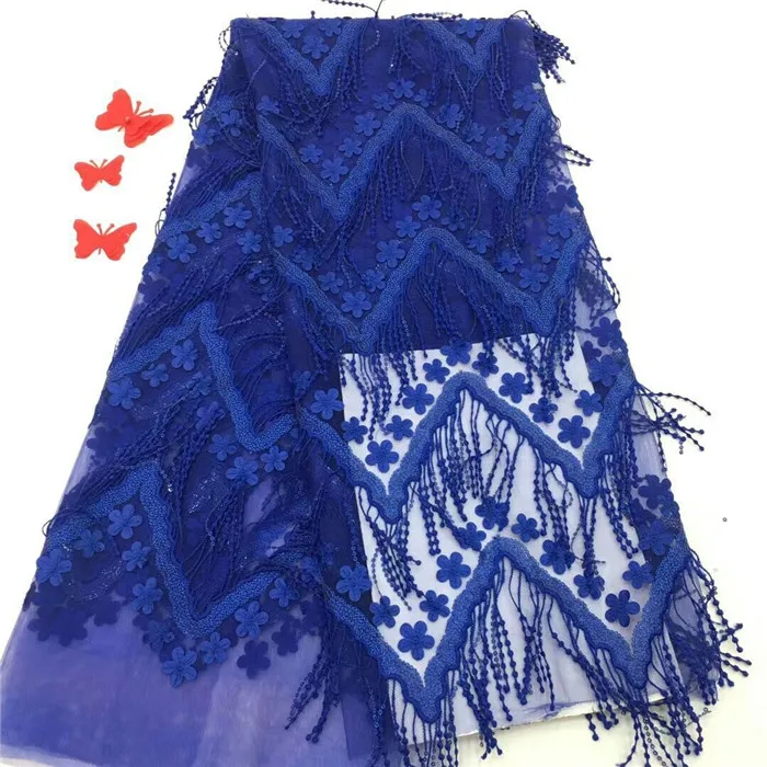 French tulle lace fabric 2018 royal blue 3d tassel fashion for nigerian wedding dress 5 yard/lot fjc9-20pp |