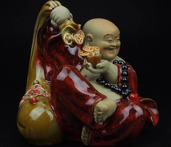 Китай Керамика фарфор WUCAI счастливый Майтрейя Будда Yuanbao Статуя богатства денег |