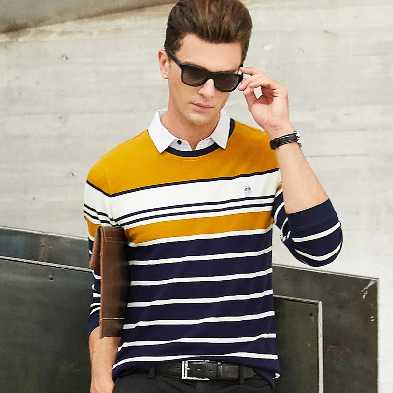 Мужская Повседневная рубашка поло с 3D вышивкой полосатая отворотом и длинным