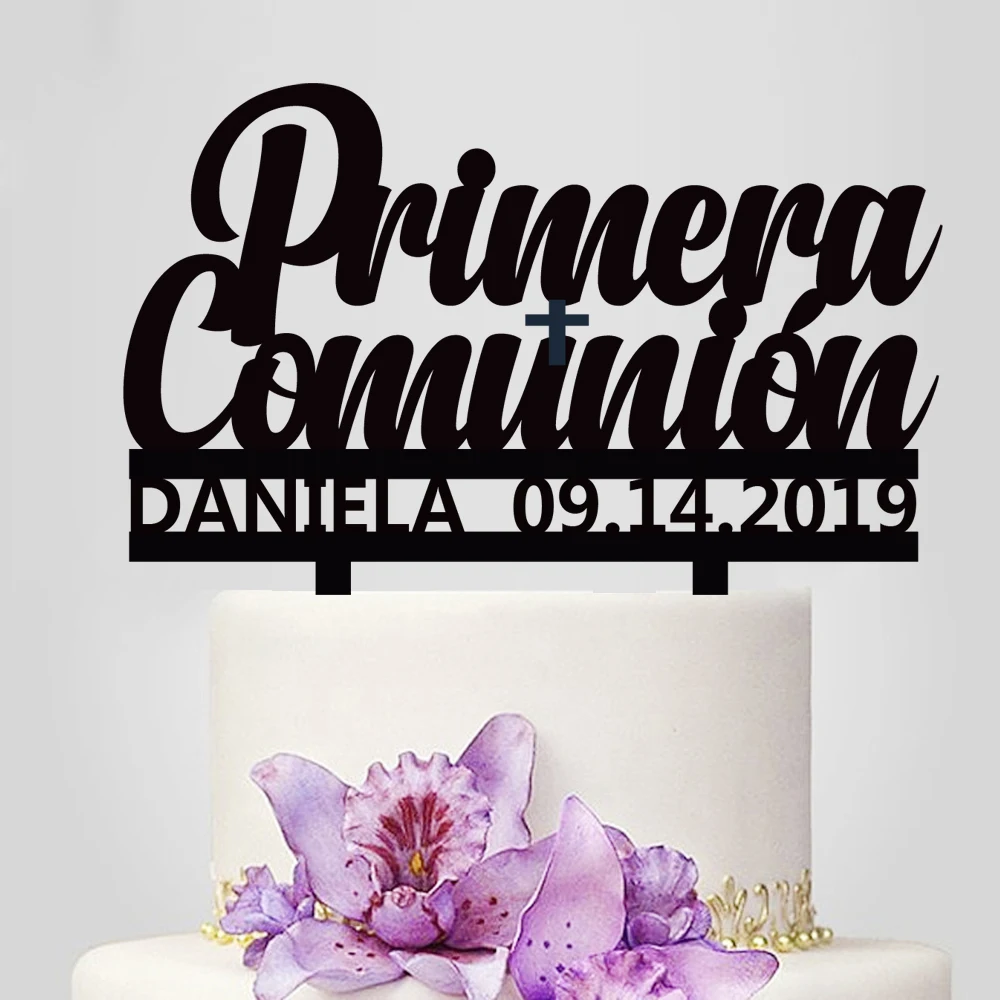 1 шт. персонализированные имя, дата испанский Mi Primera Comunion акриловый торт Топпер для Primera Comunion вечерние украшения YC-004