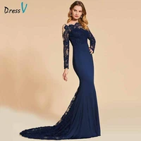 dressv elegant long sleeves evening dress scalloped edge neck trumpet lace wedding party formal dress evening dresses customize