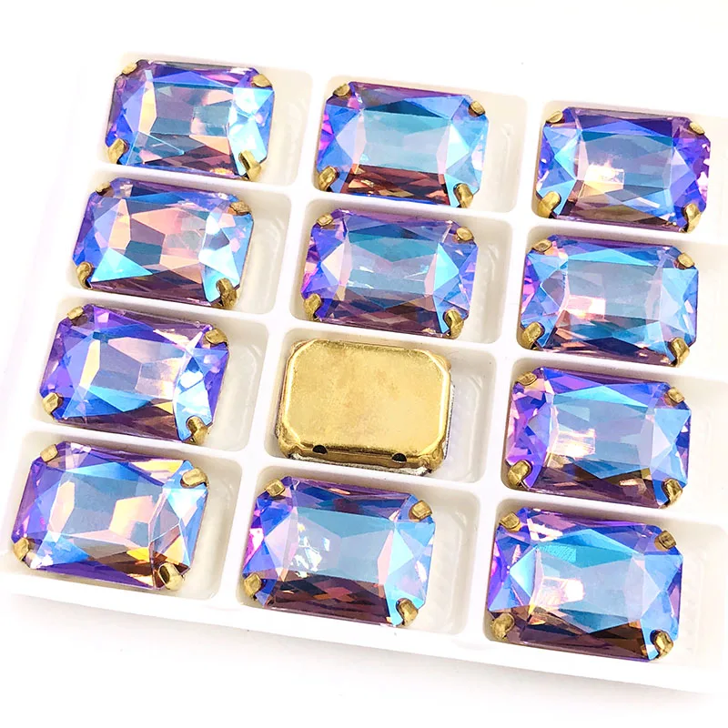 Crystal Violet AB 10x14 мм/13x18 мм Прямоугольный восьмиугольный Кристалл Стекло Золотое основание flatback пришивные стразы с когтями для DIY аксессуары для одежды - Цвет: Crystal Violet AB