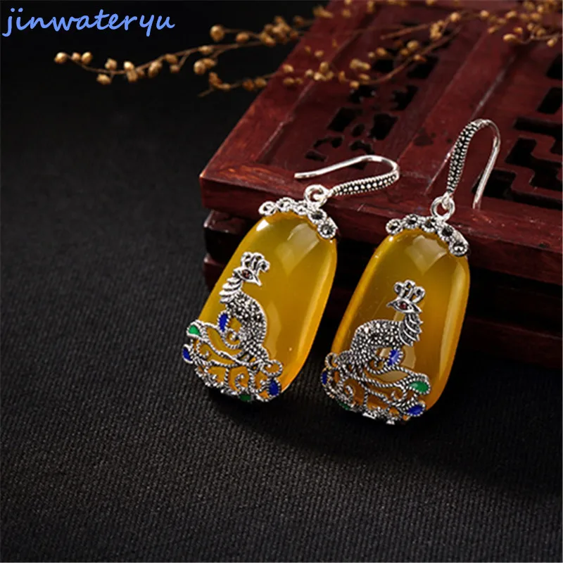 Jinwateryu, 925 пробы, silve earringsr, для женщин, девочек, висячие серьги с желтым камнем, халцедон и кубический циркон, серьги - Окраска металла: Платиновое покрытие