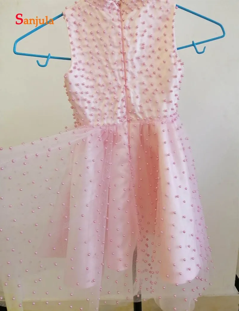 Розовые тюлевые платья с цветами для девочек а силуэта жемчугом красивые