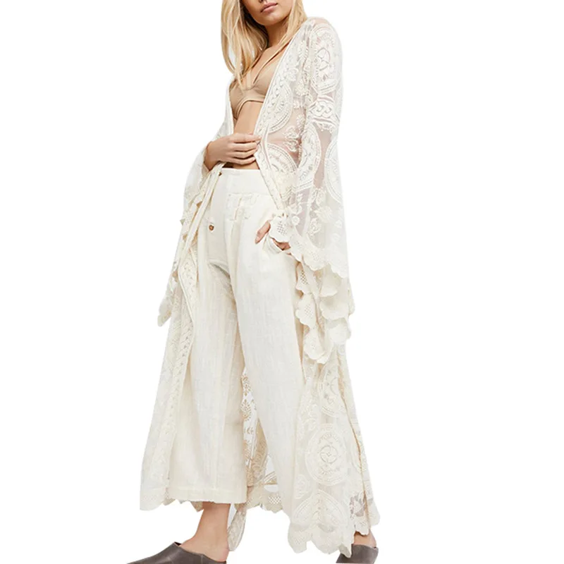 

2019 Women Embroidered Cotton Tunic Casual Long Dress People Maxi Dress V-Neck Batwing Sleeve Lace Patchwork Full Office Lady