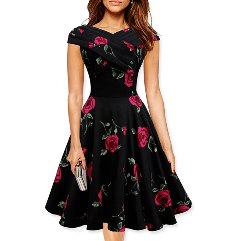 Женщины Элегантный Роуз цветочные Печати 50 s 60 Одри Урожай Ретро Dress Рокабилли