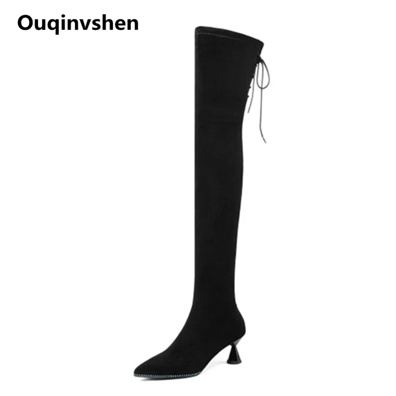 Ouqinvshen/Сапоги выше колена в необычном стиле модные сапоги на высоком каблуке с