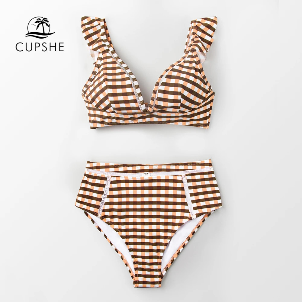 CUPSHE сексуальный комплект бикини в мелкую клетку с высокой талией и оборками