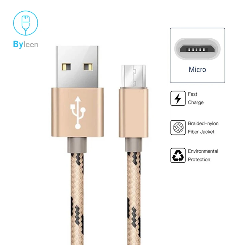 Byleen Gold 0 25/1 м нейлоновая плетеная микро USB линия для зарядки и синхронизации