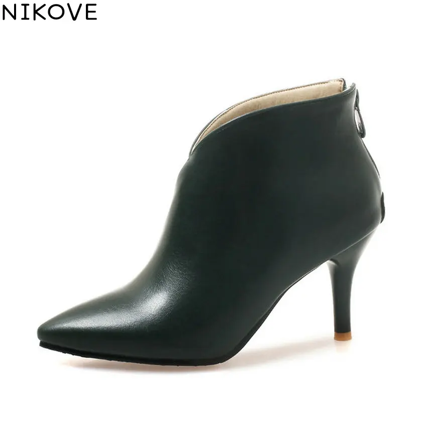 

NIKOVE 2019 Women Shoes Pointed Toe Boots Zipper Ankle Boots Thin High Heels Short Plush Autumn Shoes PU Boots Woman Size 34-43