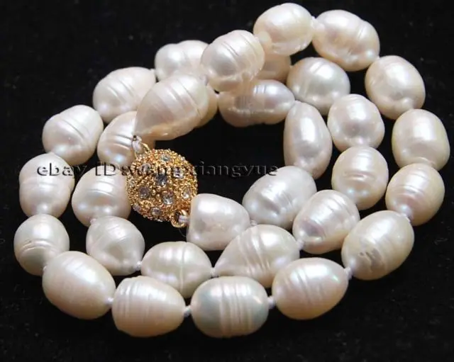 

Big 10-11MM Natural white Freshwater cultured pearl necklace Magnet Clasp 18"