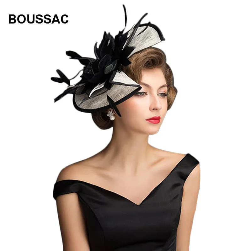 

Ladies Church Royal Fascinators Wedding Race Sinamay Cocktail Fascinator Female Linen Feather Chapeau Hat Party Fedora Cap KNF17