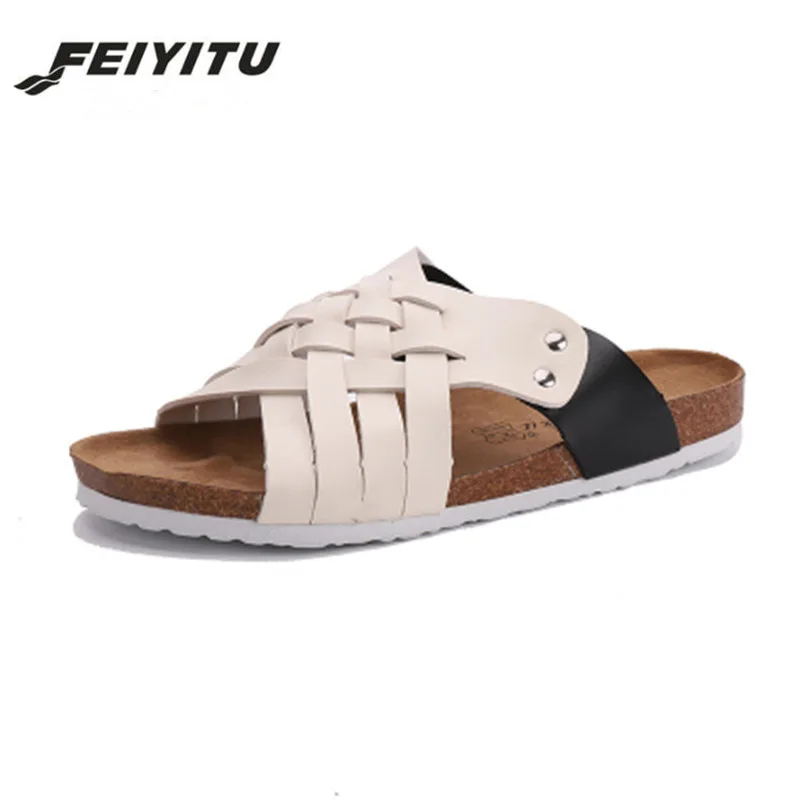 FeiYiTu/Новинка; летние сандалии; пляжные пробковые шлепанцы въетнамки; мужская повседневная обувь на плоской подошве; цвет белый, черный; большие размеры 35-45