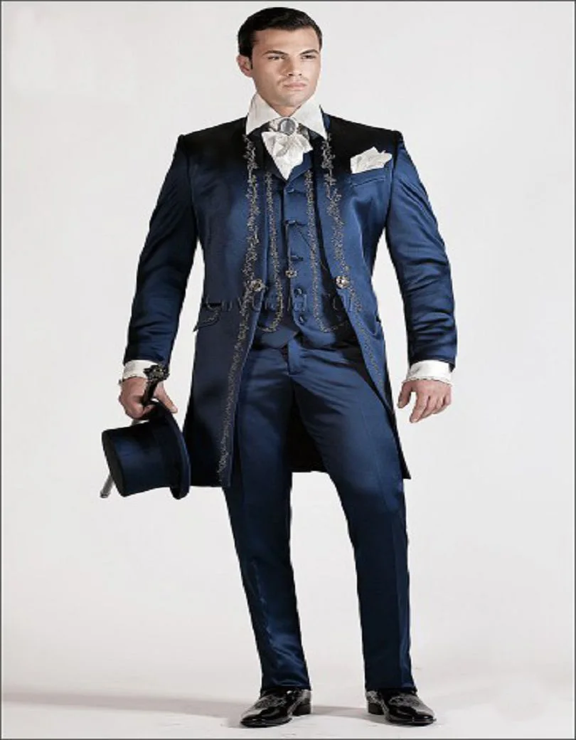 

Newest Groomsmen Peak Lapel Groom Tuxedos Embroidery Men Suits Blue Wedding/Prom Best Man Blazer (Jacket+Pants+Vest) C210