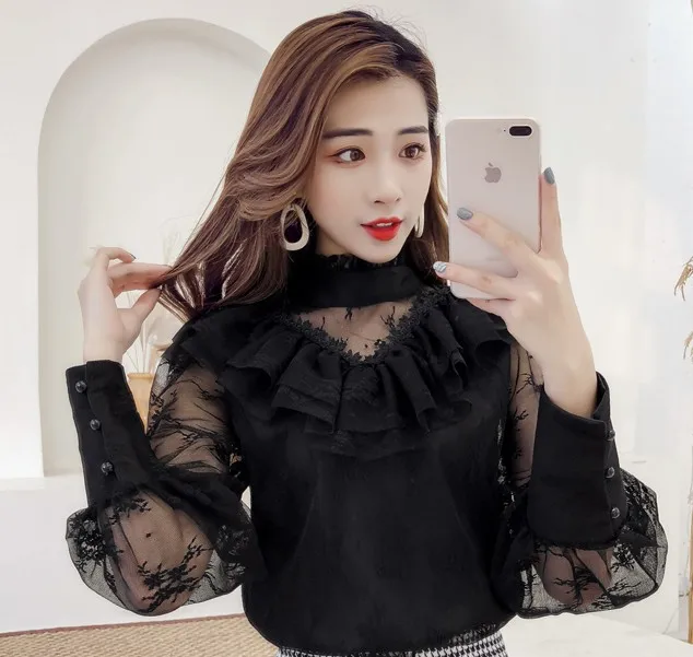 Весна Осень 2020 винтажные рубашки с длинным рукавом корейские шикарные черные