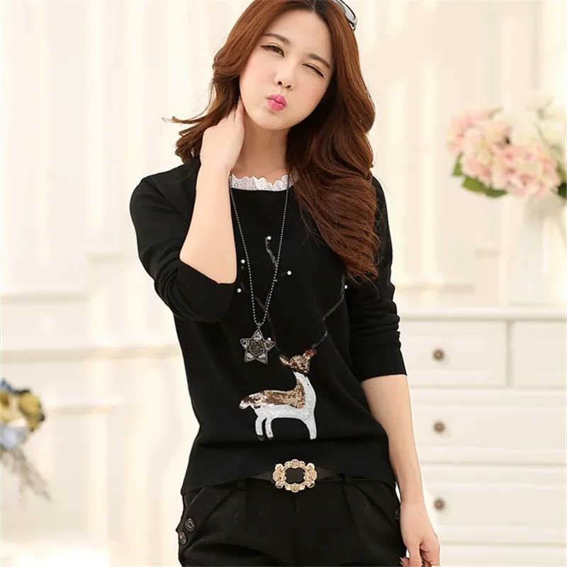 62926 black deer Осенне-зимний Модный женский свитер, одежда в Корейском стиле, лоскутные пуловеры с длинным рукавом и круглым вырезом, Повседневная вязаная одежда 62926 - Цвет: 62926 black deer