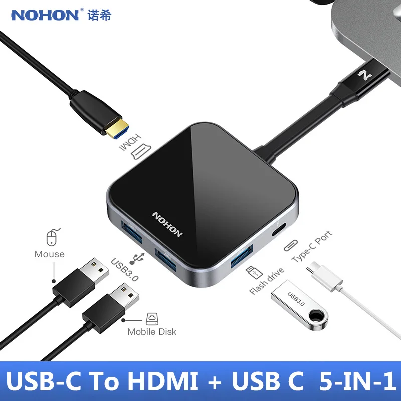To HDMI 5-IN-1 NOHON USB 3,0 концентратор USB C концентратор HDMI адаптер Ethernet для huawei mate 20 MacBook Pro USB-C концентратор 7 портов USB разветвитель SD PD кардридер - Цвет: To HDMI 5-IN-1