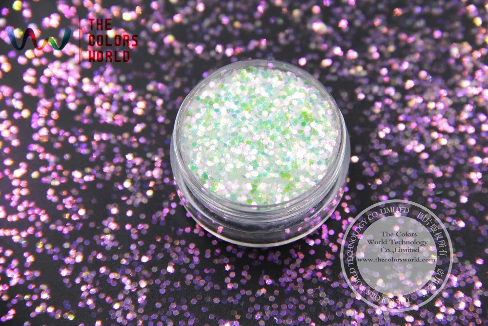 

TCR325 White color with bullion iridescent purple and Green Color luster Hexagon shape glitter 1.0MM Size for nail Art and DIY