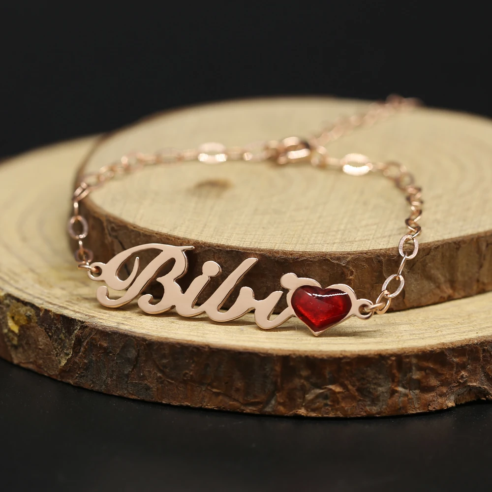 Персонализированный именной браслет с красным сердцем розовое золото 925 пробы