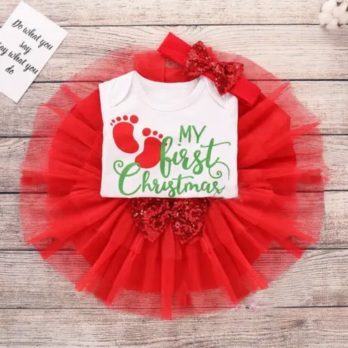 Топы для новорожденных девочек с надписью My First Christmas комбинезон юбка повязка на
