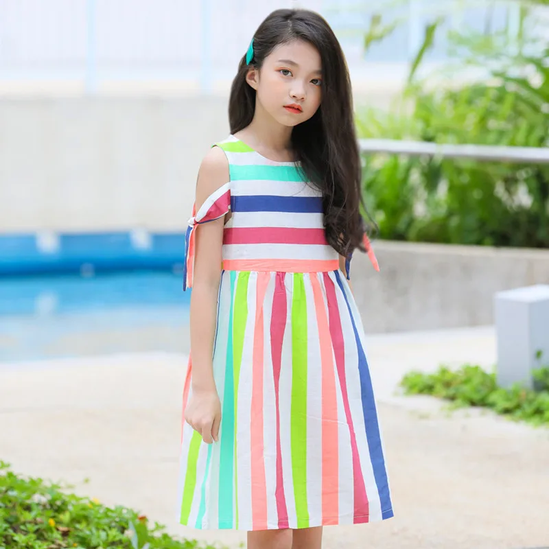 kids &amp teenager girls summer rainbow striped cut-out shoulder casual dress children 4 to 16 years mide dresses clothing | Детская