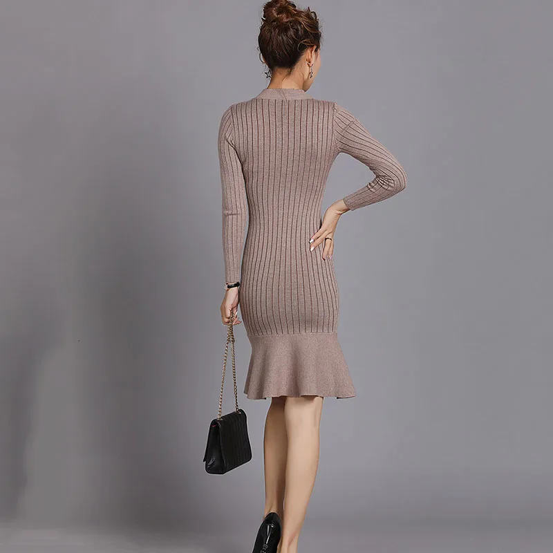 Ruffle Dress Autumn Winter 2018 New Arrivals Long Sleeve Bodycon Dresses Ladies Knee-length Knitted | Женская одежда