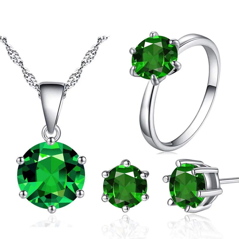 Green Beiver, 3 шт., модный кубический цирконий, камень, ожерелье+ серьги+ кольцо, Свадебные Ювелирные наборы для женщин с родиевым покрытием - Окраска металла: Green