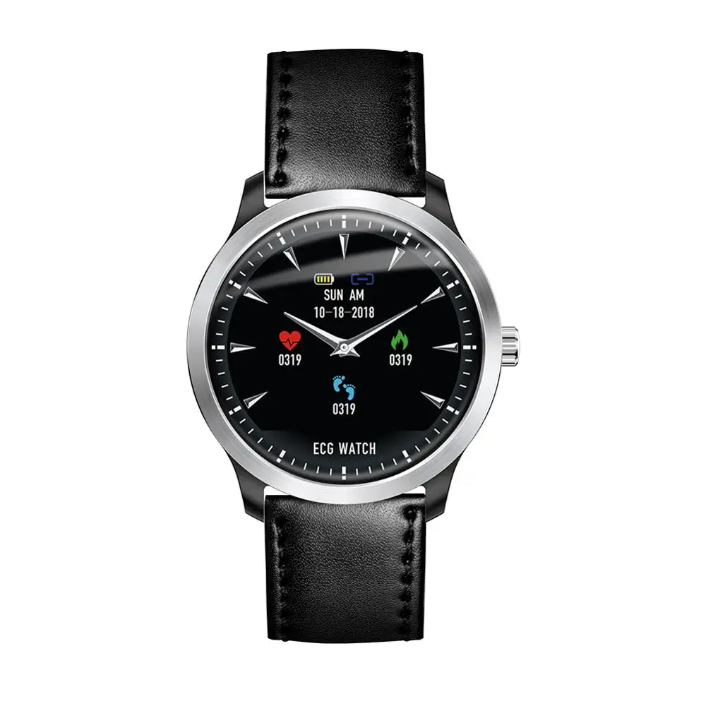 Black leather strap ЭКГ+ PPG Смарт-часы для мужчин и женщин спортивные Смарт-часы HRV отчет пульса монитор артериального давления IP67 водонепроницаемый смарт-браслет - Цвет: Black leather strap