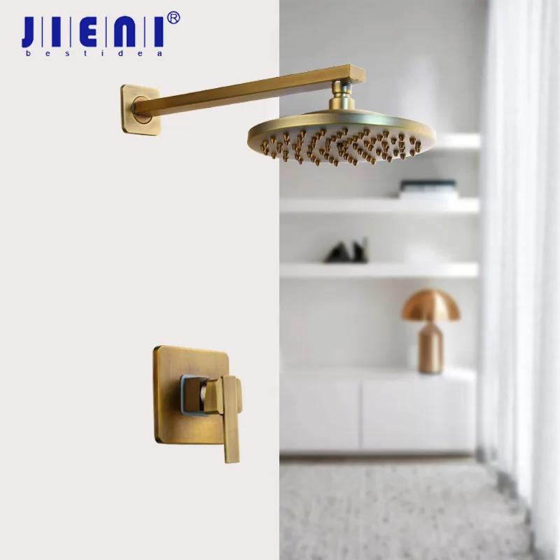 

JIENI 8 inch Antique Brass Round Wall Mounted Bathroom Rainfall shower faucet Sets head & hand shower Shower Sets