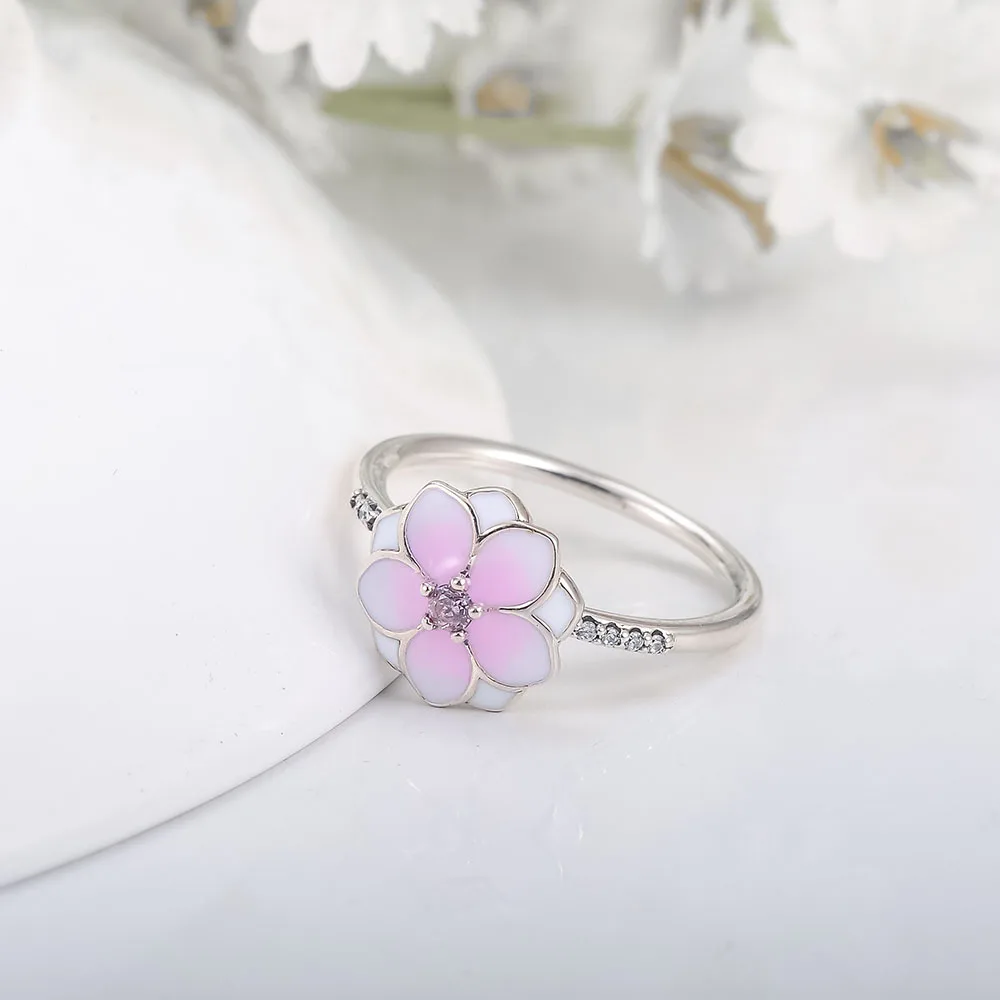 Beagloer мода розовой эмалью цветочные кольца 925 пробы серебро Магнолия Bloom цветок