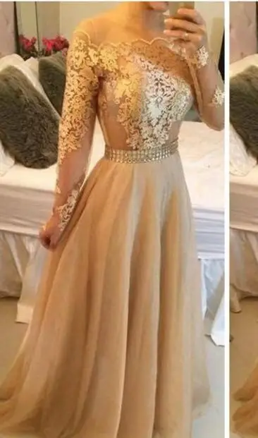 Vestidos de gala простые элегантные, цвета шампанского платье для выпускного вечера длинный рукав средней длины Appiqued Тюль Вечеринка платья - Цвет: picture color