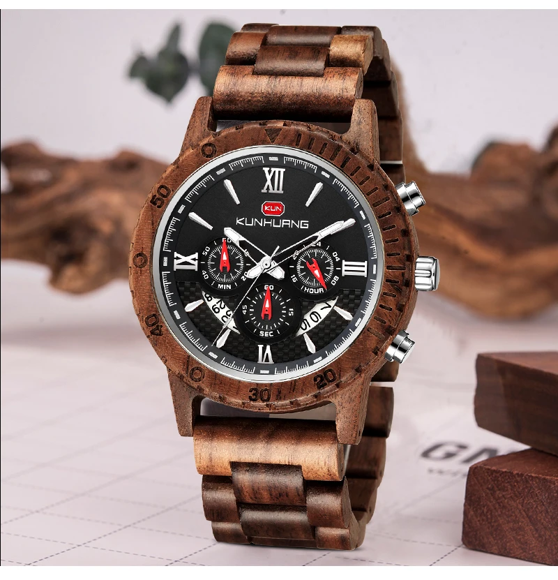 Fashion Wooden Men Watch Natural Zebra Wood Wristwatch with Date and Multiple Time Zone reloj hombre Men's Gift Watches W-K01