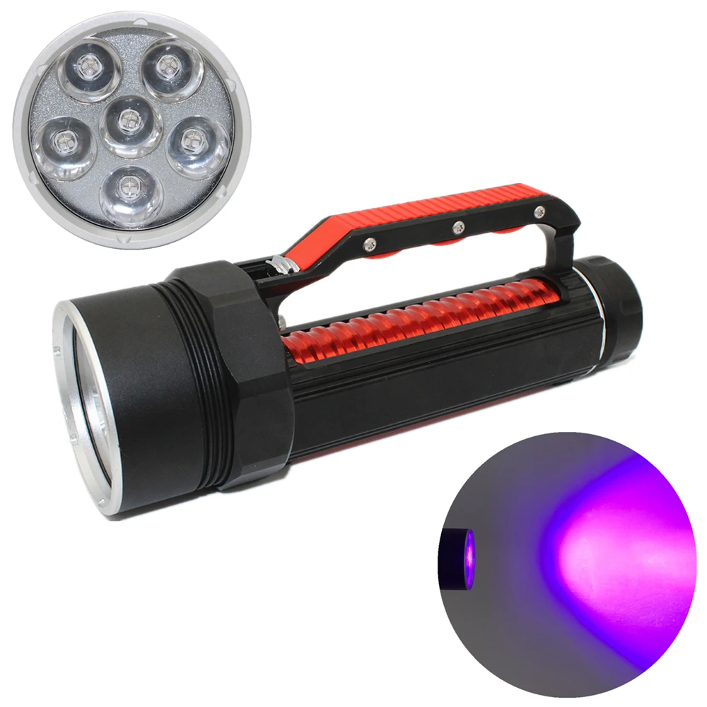 LED diving flashlight UV light 6 * UV LED 1800 lumens Waterproof underwater scuba torch for find scorpion or amber