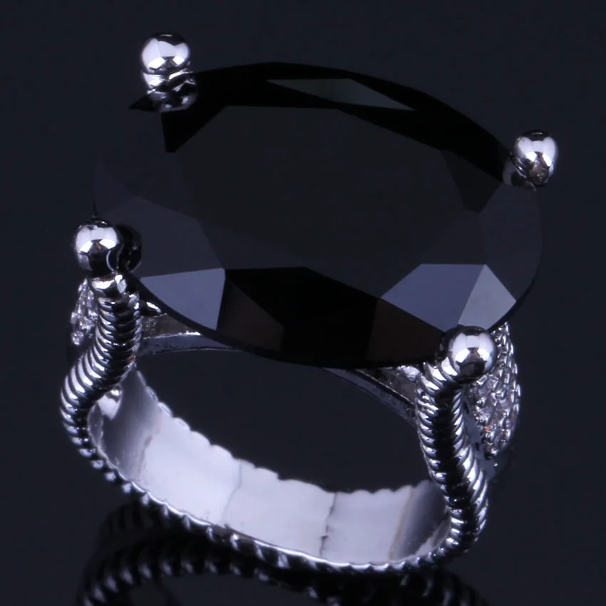 

Noblest Huge Oval Egg Black Cubic Zirconia Silver Plated Ring V0574