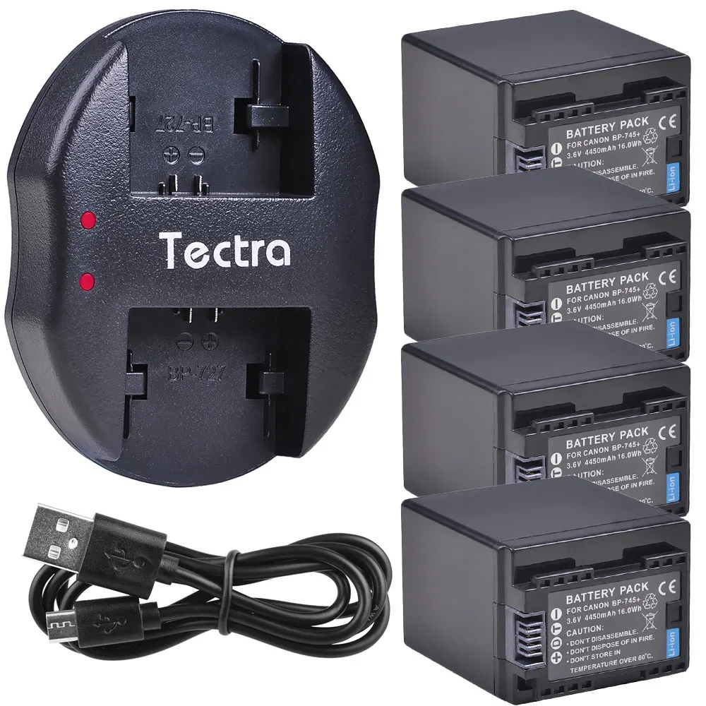4pcs 4450mAh BP-745 BP745 Decoded Battery+USB Dual Charger for Canon VIXIA HF M50 M500 M52 R300 R32 R40 R42 R400 R50 R52 Battery |