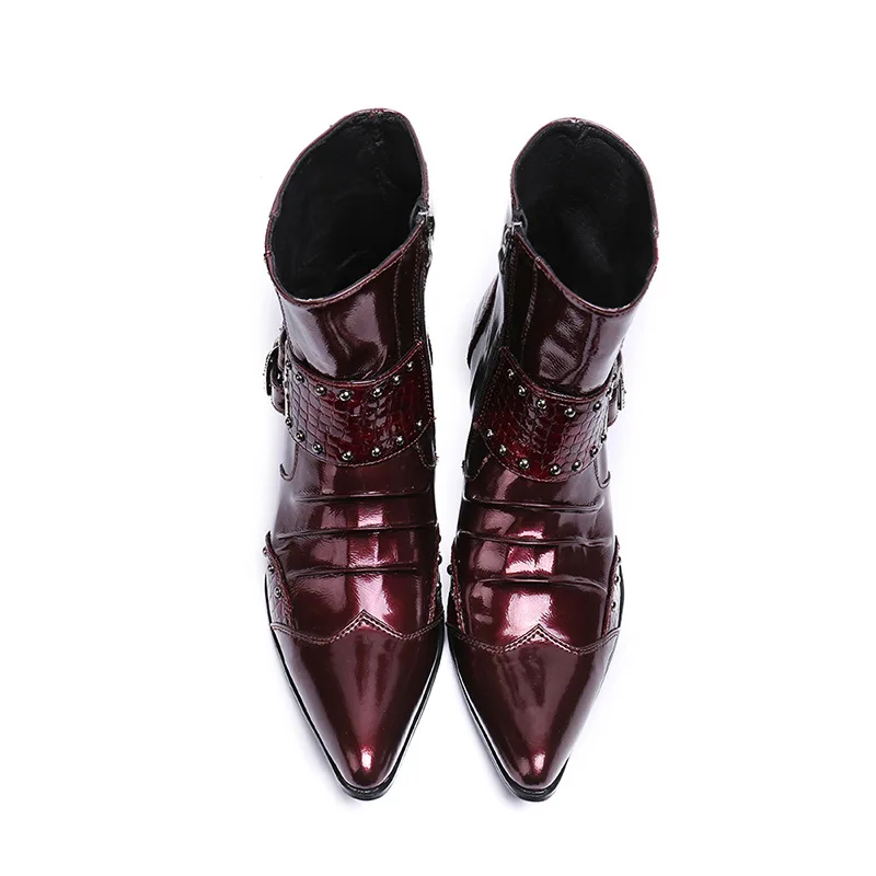 

New Punk Style Leather Men's Ankle Boots Men's Military Cowboy Red Boots High Buckle British Pointed Business
